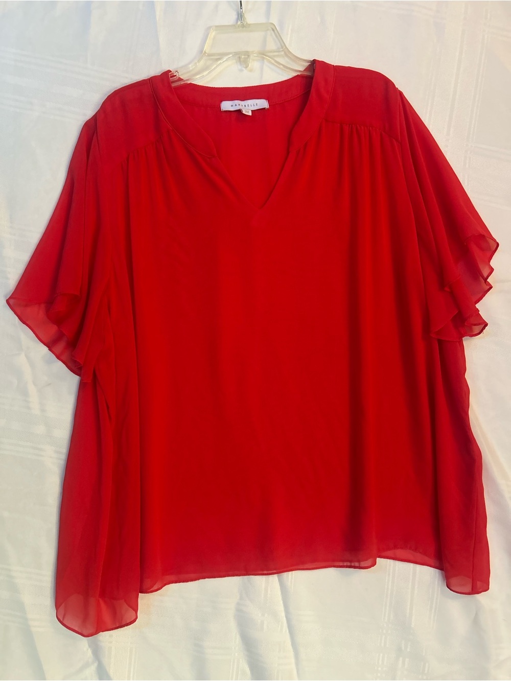 Vibrant deep coral V-neck Flutter Sleeve Blouse, Sheer top fully lined size 3X